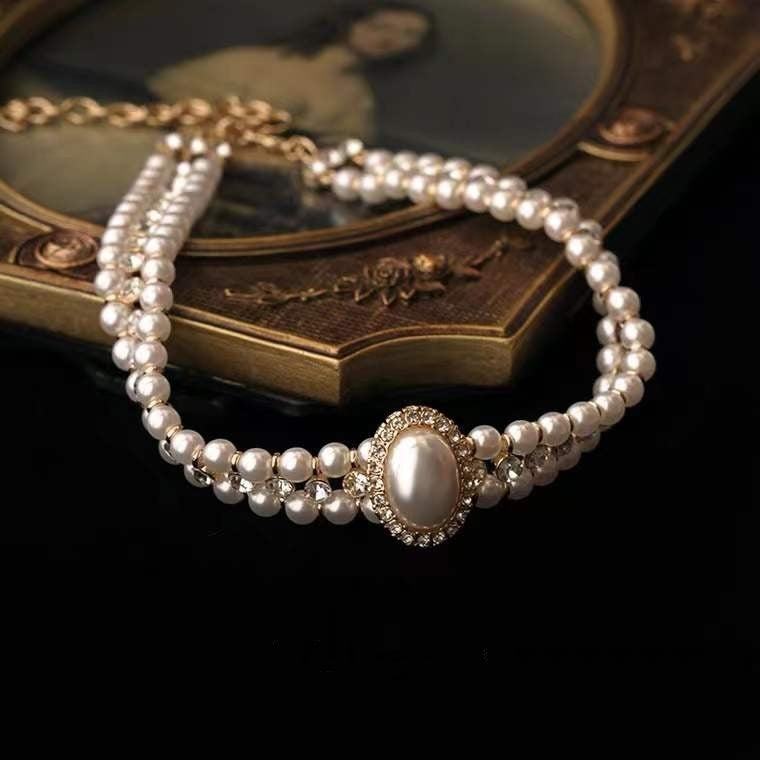 Elegant Double-Strand Pearl Choker Necklace with Oval Gem Centerpiece