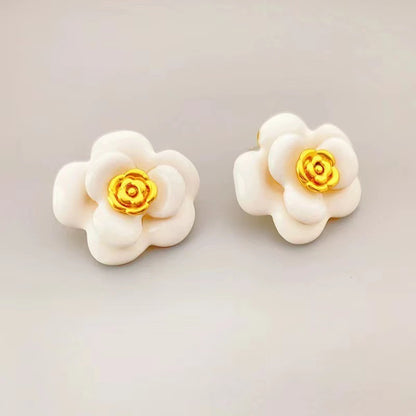 Elegant French Vintage Style Camellia Enamel Stud Earring