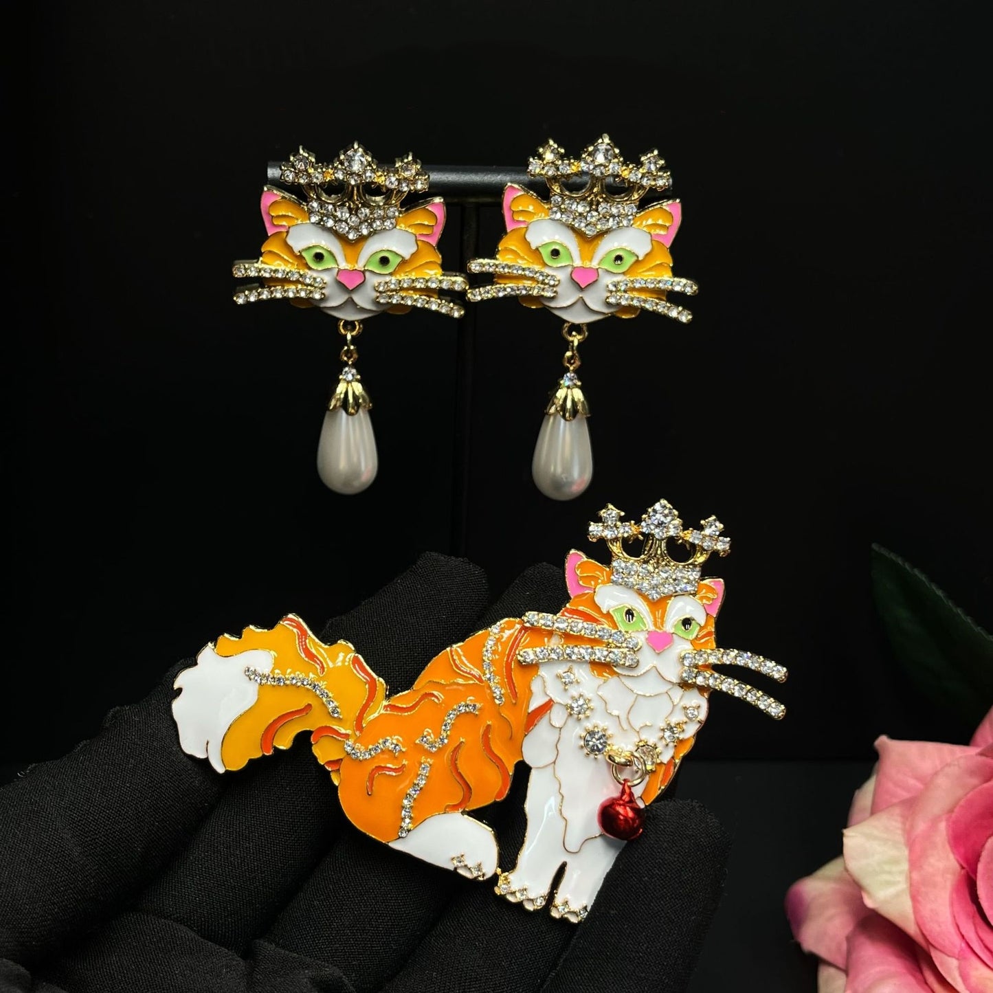 Royal Cat Crown Earrings and Brooch Set | Handcrafted Enamel and Crystal Cat Jewelry TT Design™