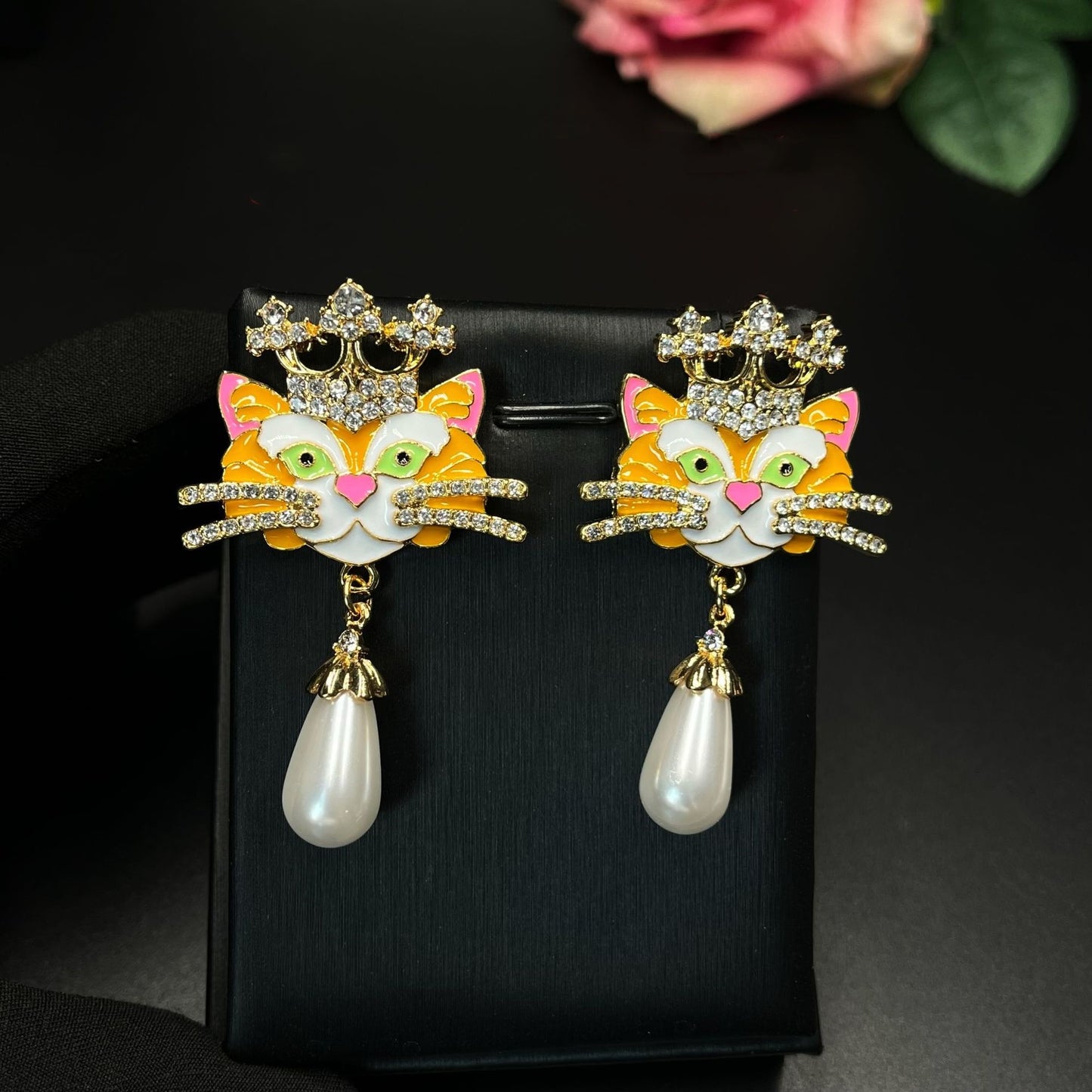 Royal Cat Crown Earrings and Brooch Set | Handcrafted Enamel and Crystal Cat Jewelry TT Design™