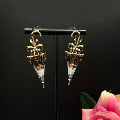 Vintage-Inspired Umbrella Dangle Earrings with Pearl and Enamel AccentsTT Design™