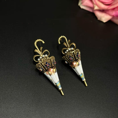 Vintage-Inspired Umbrella Dangle Earrings with Pearl and Enamel AccentsTT Design™