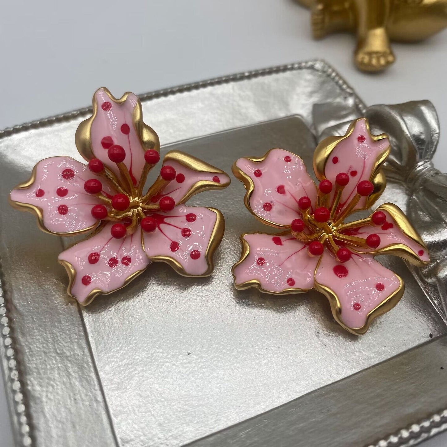 Elegant Pink Enamel Flower Stud Earrings | Handcrafted Blossom Design TT Design™