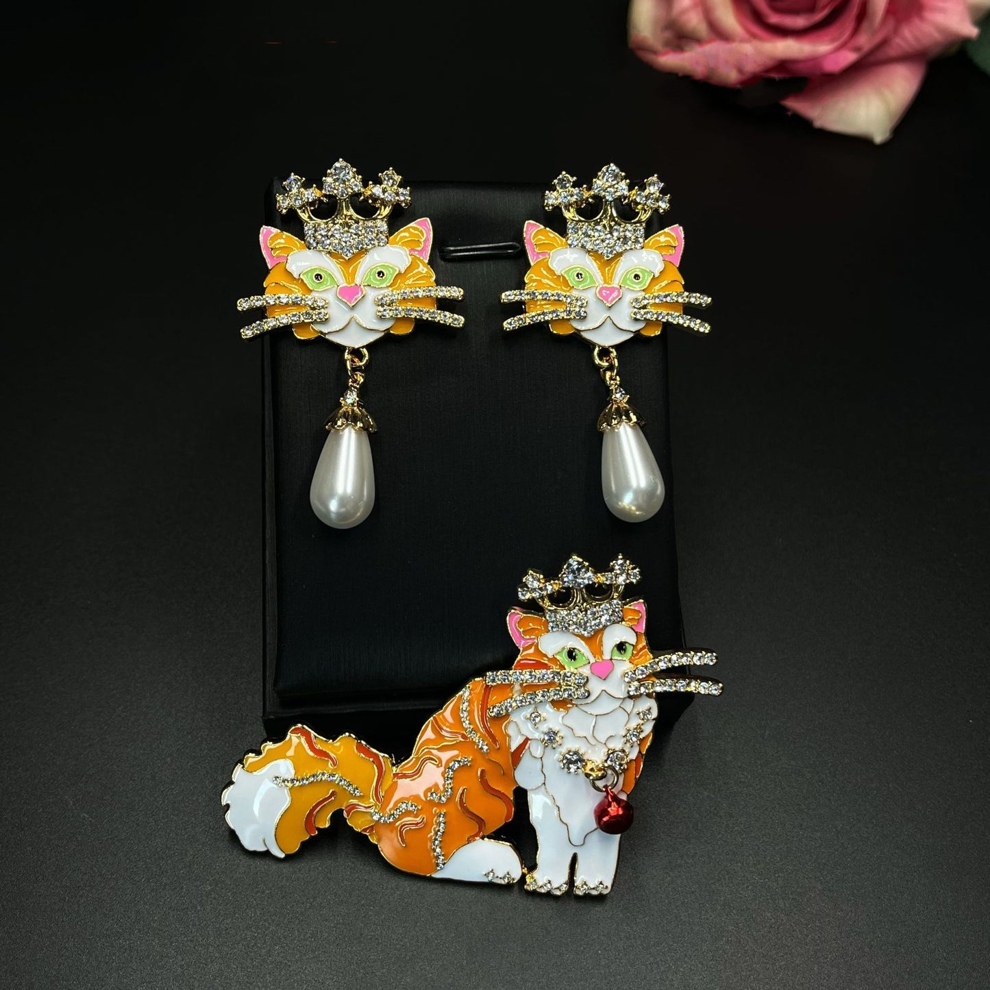 Royal Cat Crown Earrings and Brooch Set | Handcrafted Enamel and Crystal Cat Jewelry TT Design™