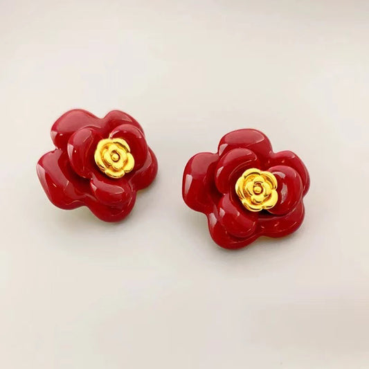 Elegant French Vintage Style Camellia Enamel Stud Earring