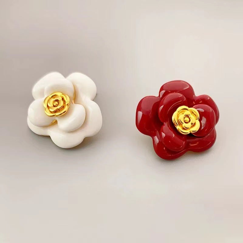 Elegant French Vintage Style Camellia Enamel Stud Earring