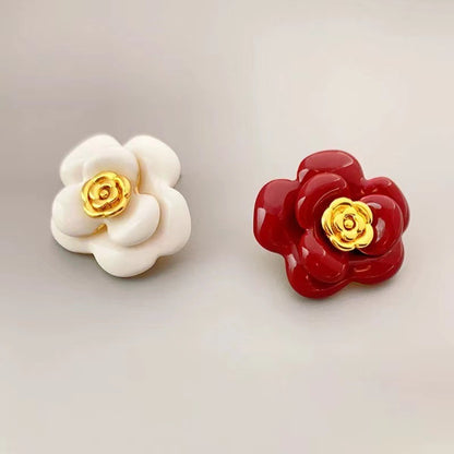 Elegant French Vintage Style Camellia Enamel Stud Earring