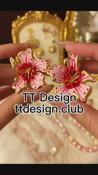 Elegant Pink Enamel Flower Stud Earrings | Handcrafted Blossom Design TT Design™